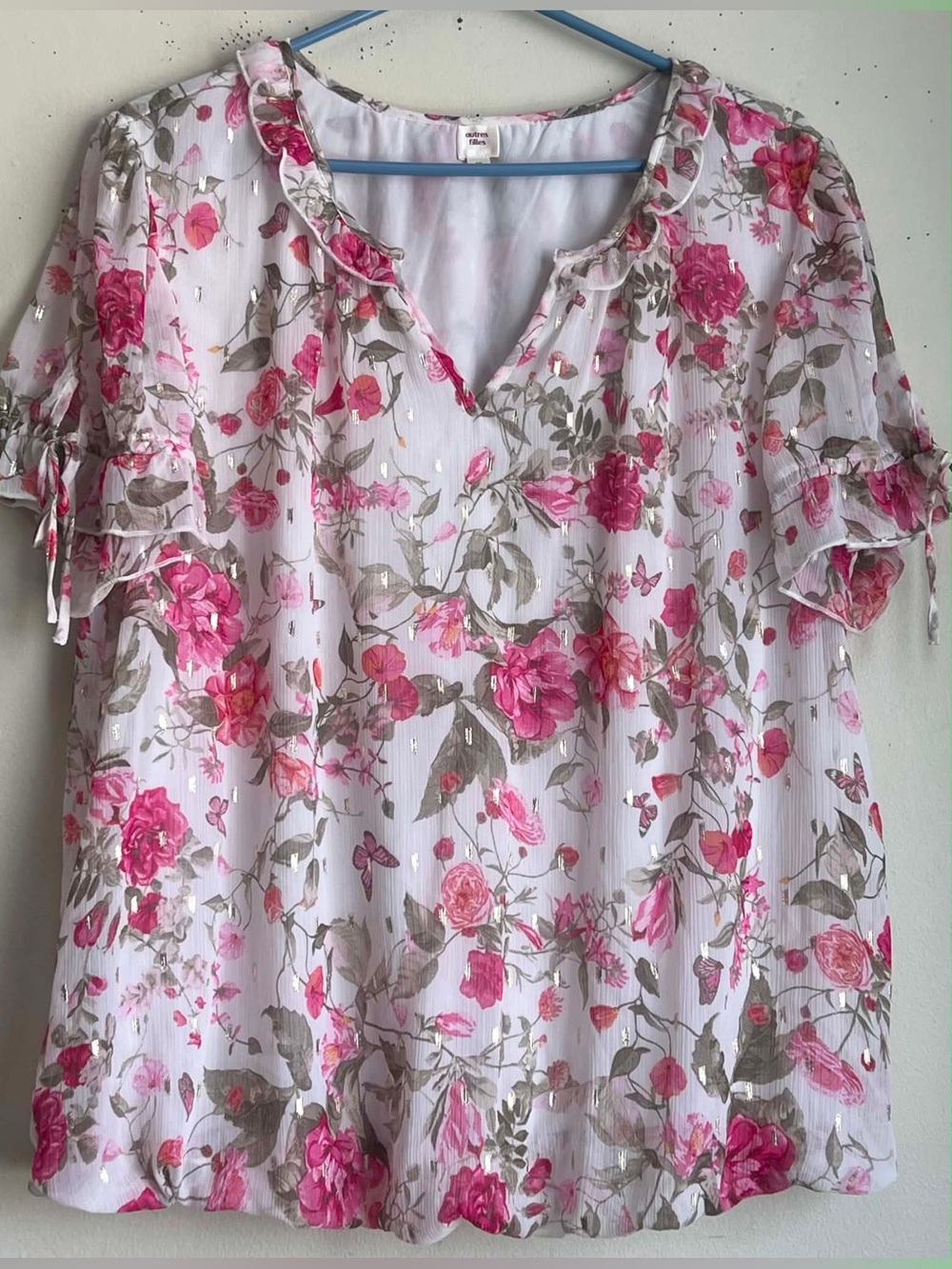 Floral Ruffle Sleeve Blouse - White with Pink Floral